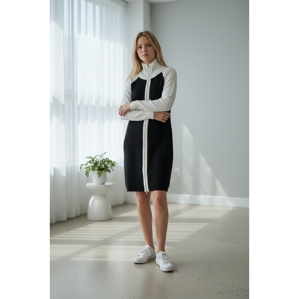 Calvin Klein Sweater Dress Womens M Black White Colorblock Full Zip Mock capsule
